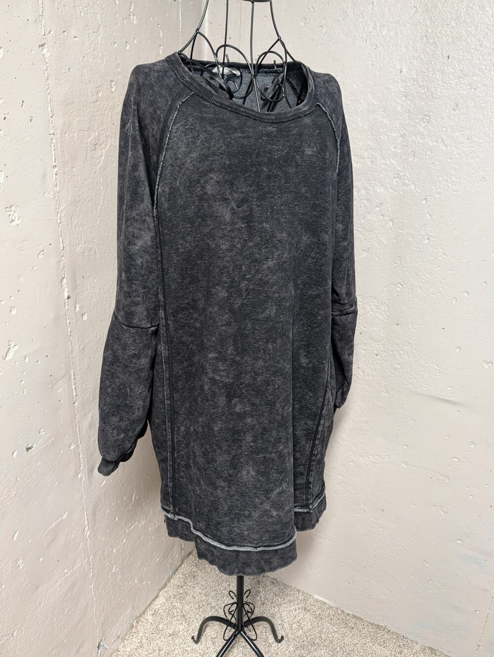 New In Acid Wash Oversized Sweatshirt Dress Black Balloon Sleeve Tunic L
